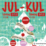 Illustration över vad som händer under JUL-KUL evenemanget 2-3 december 2023. Julkör - ponnyridning - öppna ateljéer, loppis, guidade turer, fika och fynda hos butiker!